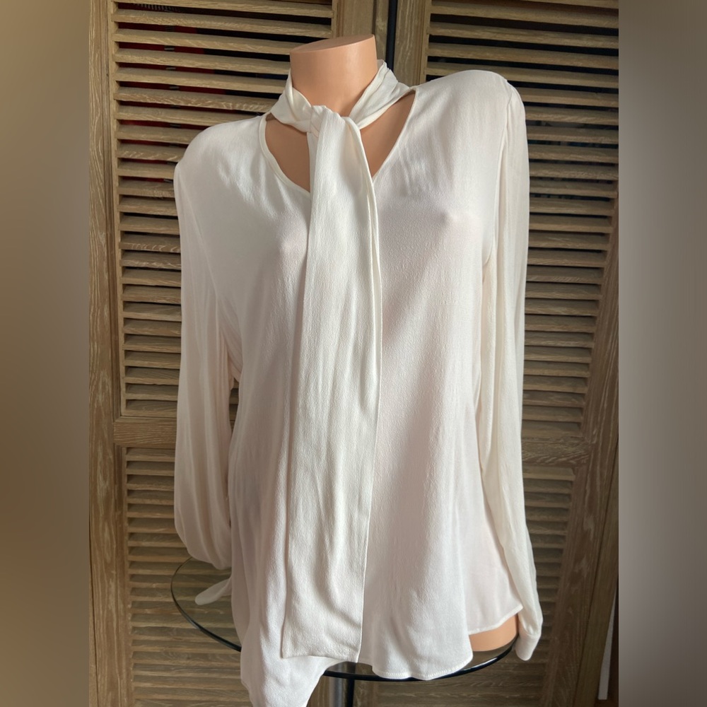 Cream blouse, attached neck tie, 100% rayon, Large